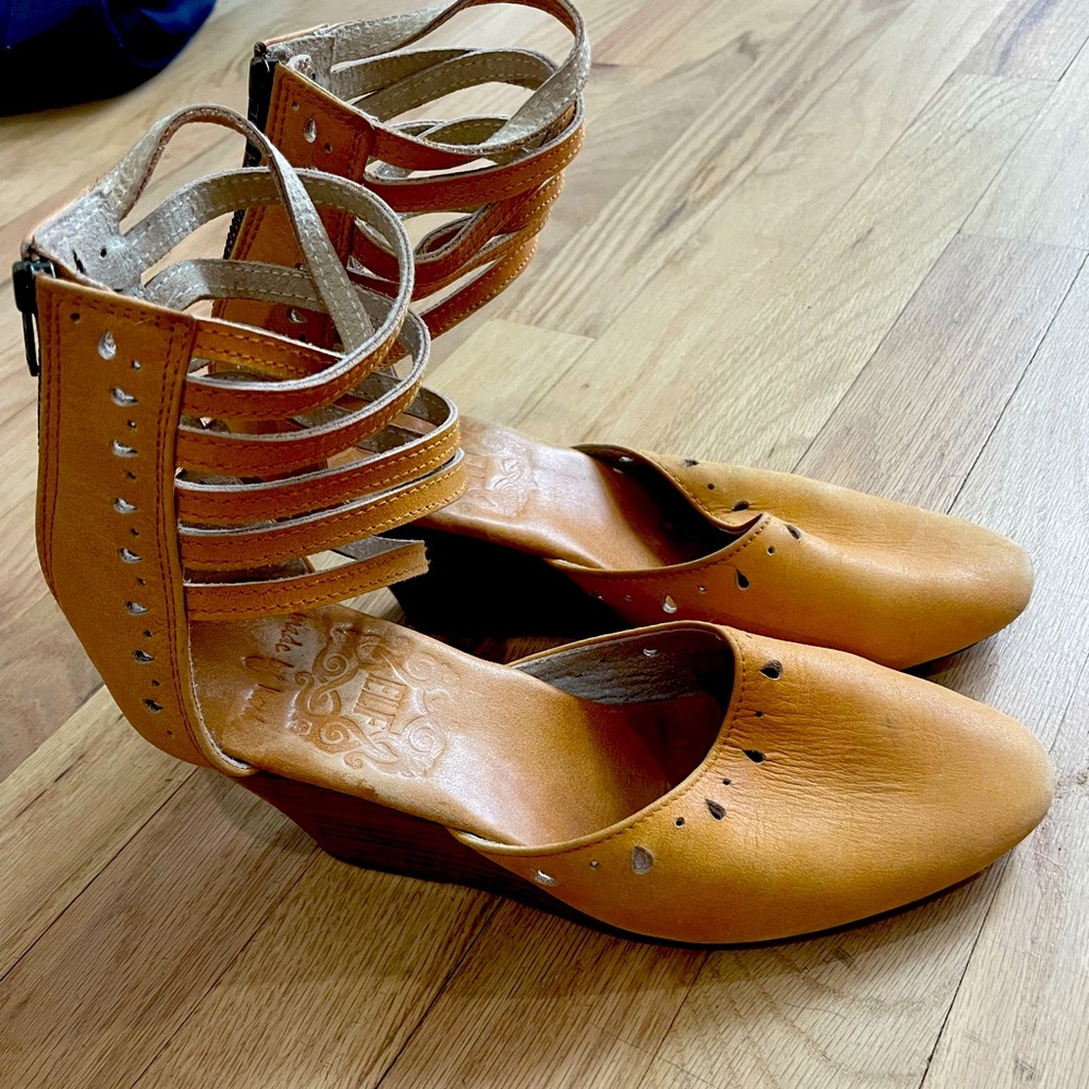Bali Elf Leather Wedge Sandals Cognac color - 7.5